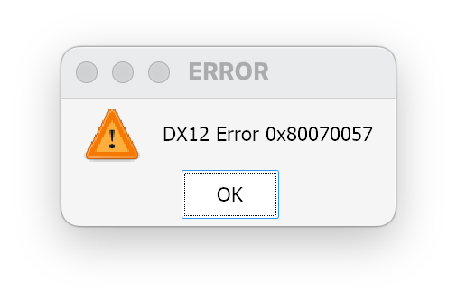 The baseline CrossOver launch showing an error dialog with DX12 Error 0x80070057