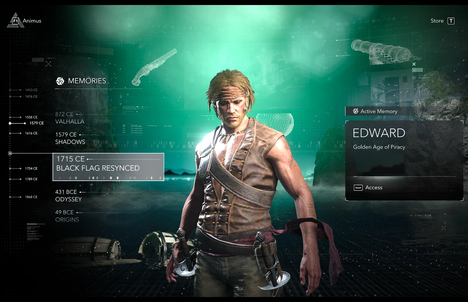Black Flag Resynced main menu rendered through the separate CrossOver test runtime, showing Edward and the active memory panel