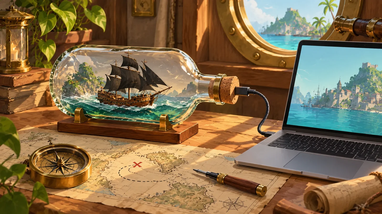 A miniature pirate ship in a glass bottle connected to a laptop on a sunlit captain’s desk