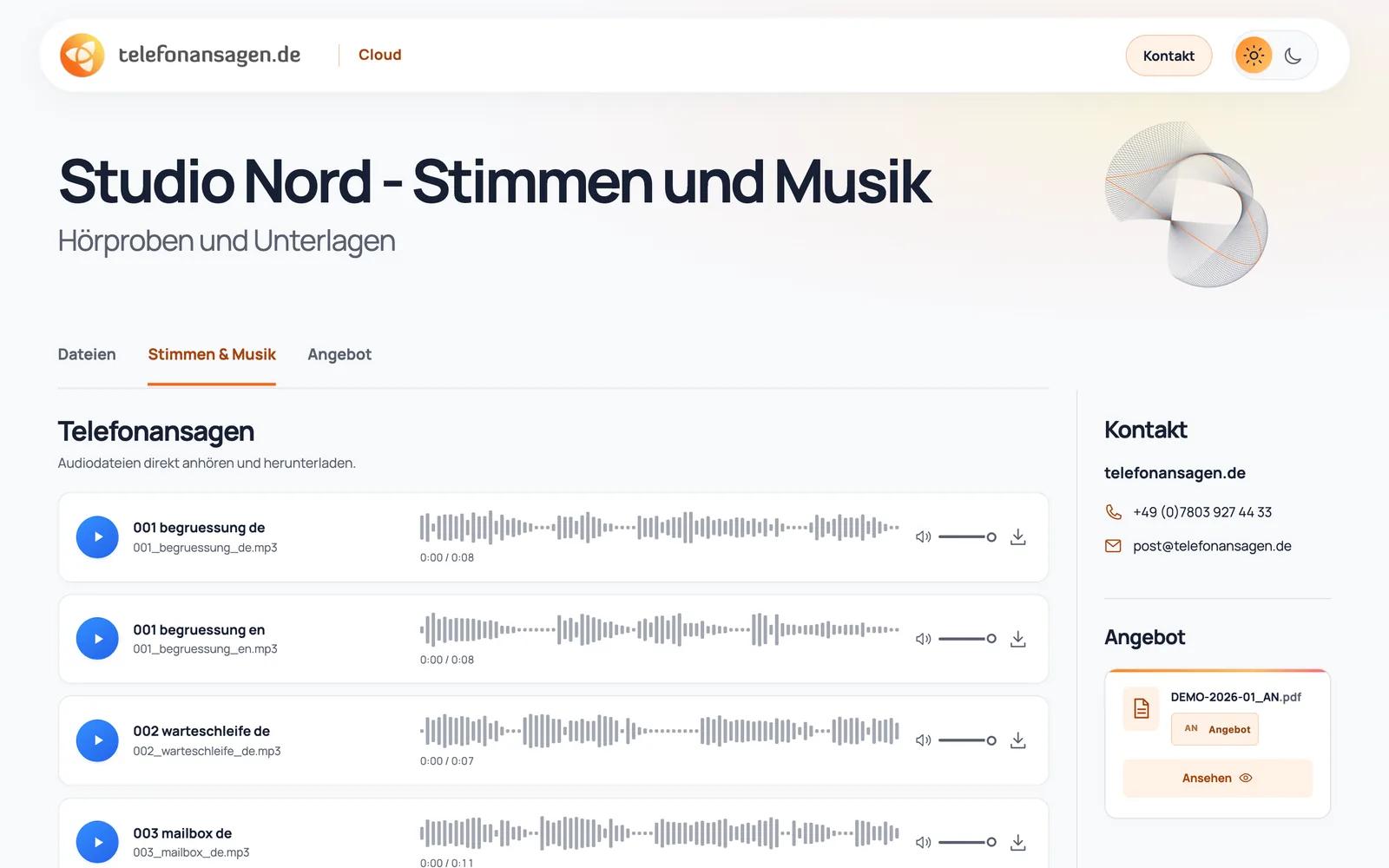 TA Audio public share showing audio previews and project documents
