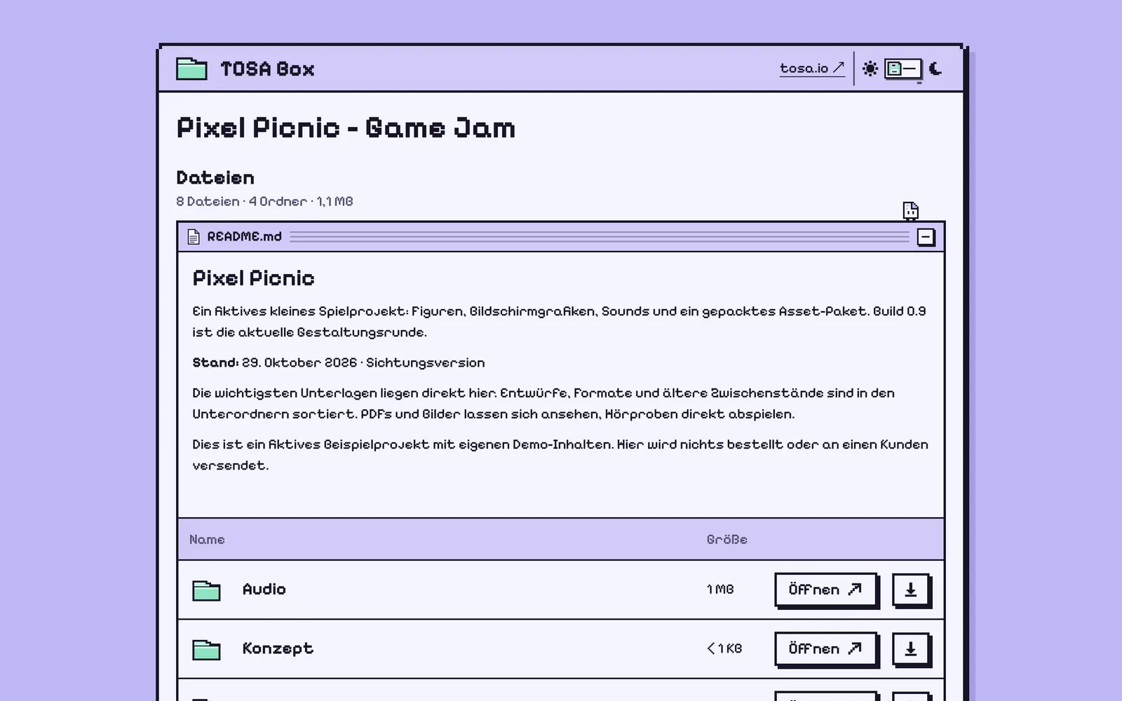 Pixel Picnic sample public share in the Diskette theme, showing a file window and pixel typography