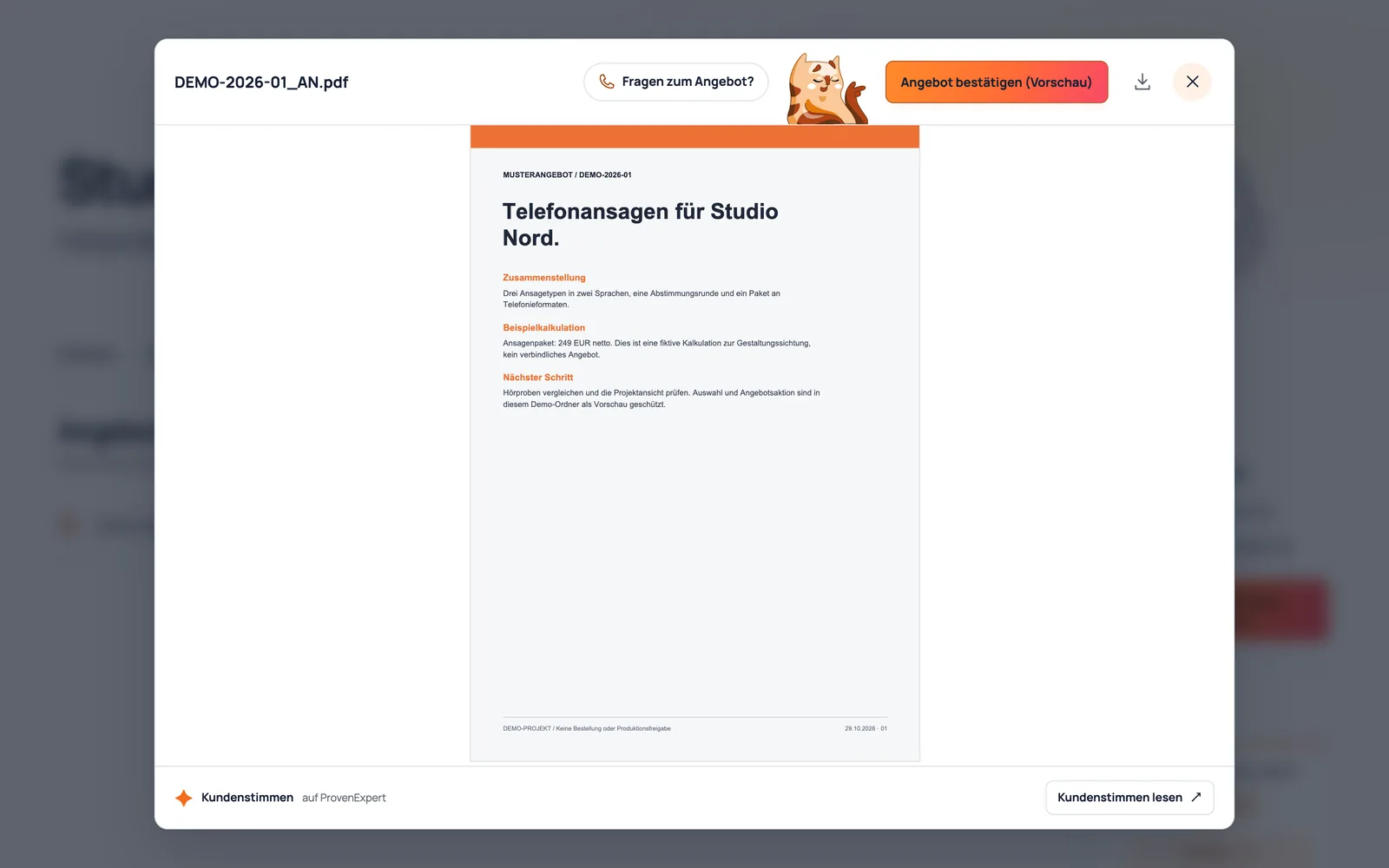 Sample offer in the German Studio Nord public share with an action explicitly marked as a preview
