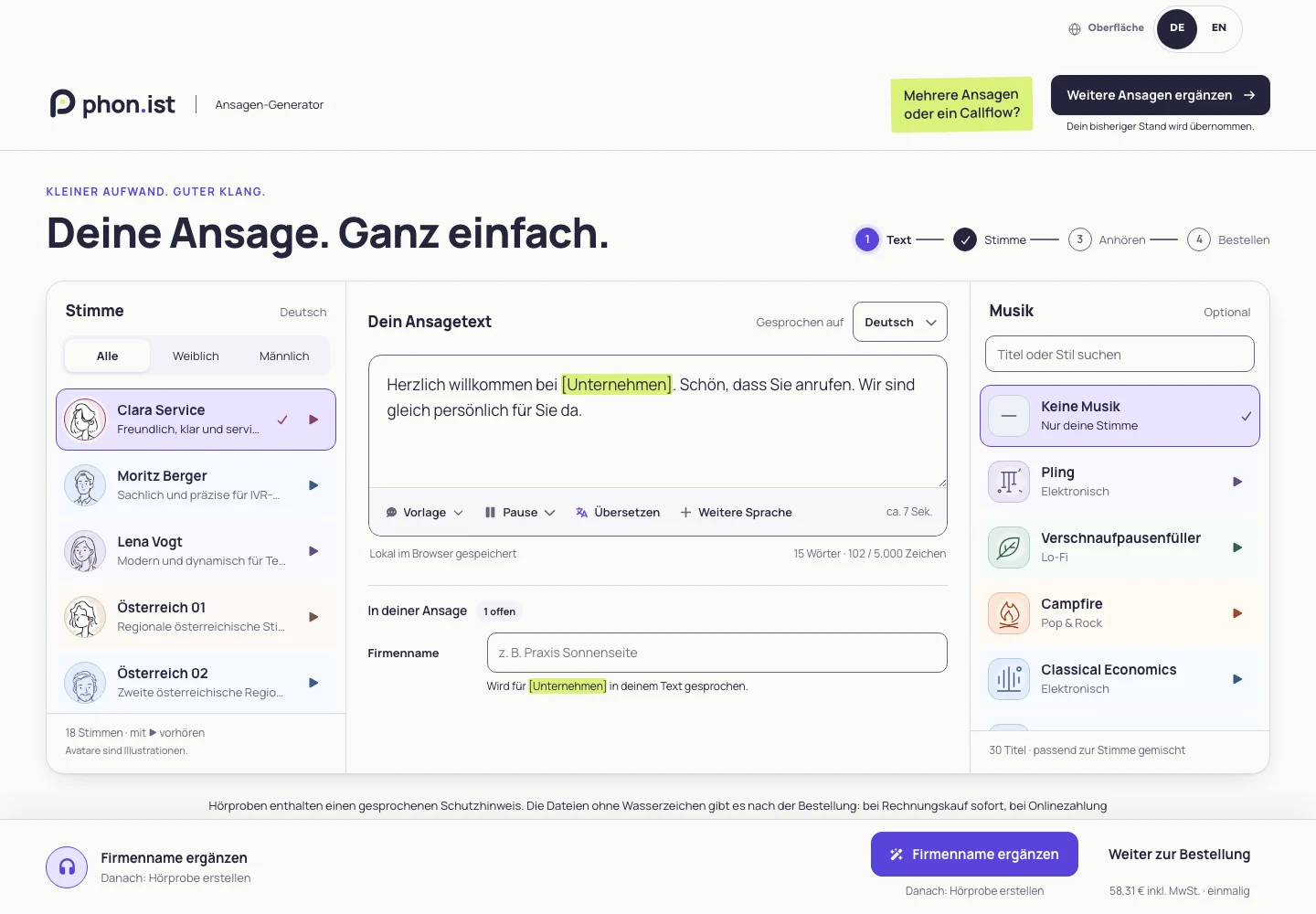 phon.ist Ansagen-Generator mit deutschem Texteditor, auswählbaren KI-Stimmen, optionaler Musik und den Schritten Text, Stimme, Anhören und Bestellen
