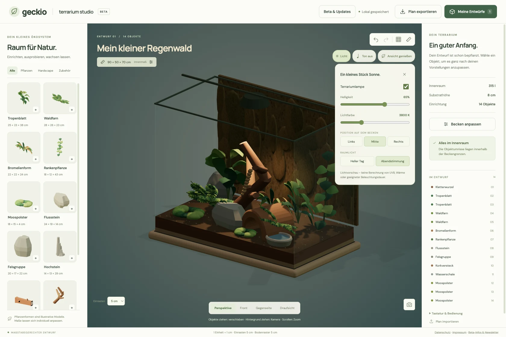 Terrarium Studio in evening mood with controls for lamp brightness, color temperature and position open