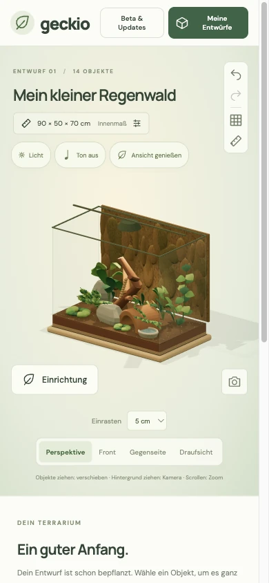 Terrarium Studio in a narrow mobile browser viewport with the 3D design and compact controls