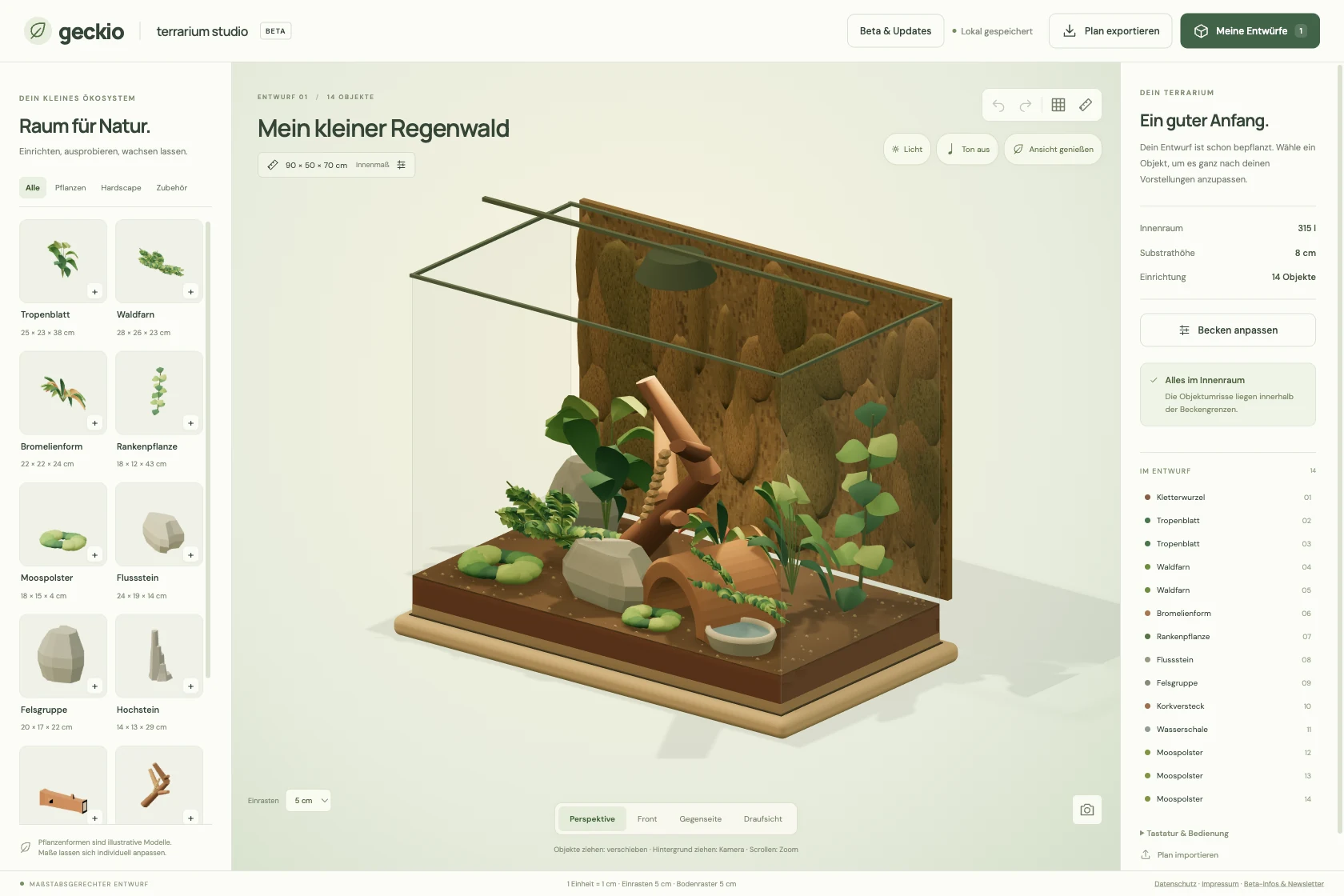 Geckio Terrarium Studio with an object catalog on the left, a planted 3D enclosure in the center and plan properties on the right