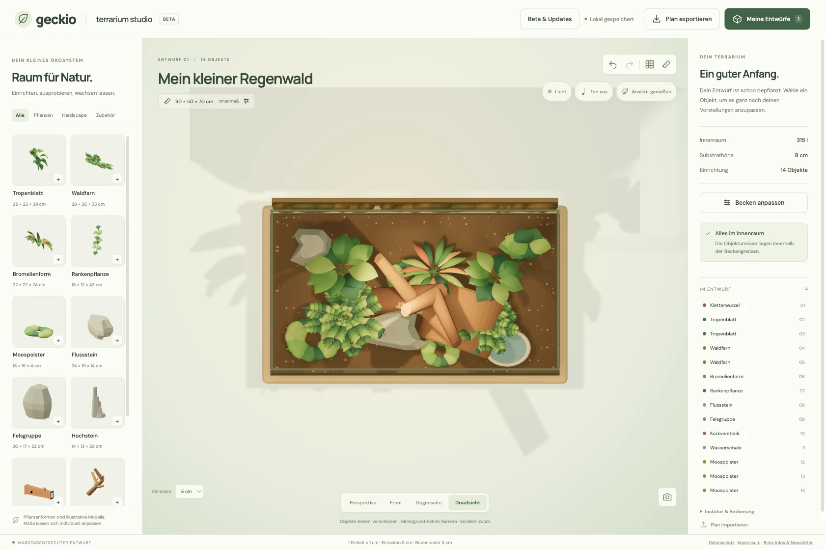 Top view of the terrarium showing the arrangement of plants, climbing branch, hide, rocks and water bowl