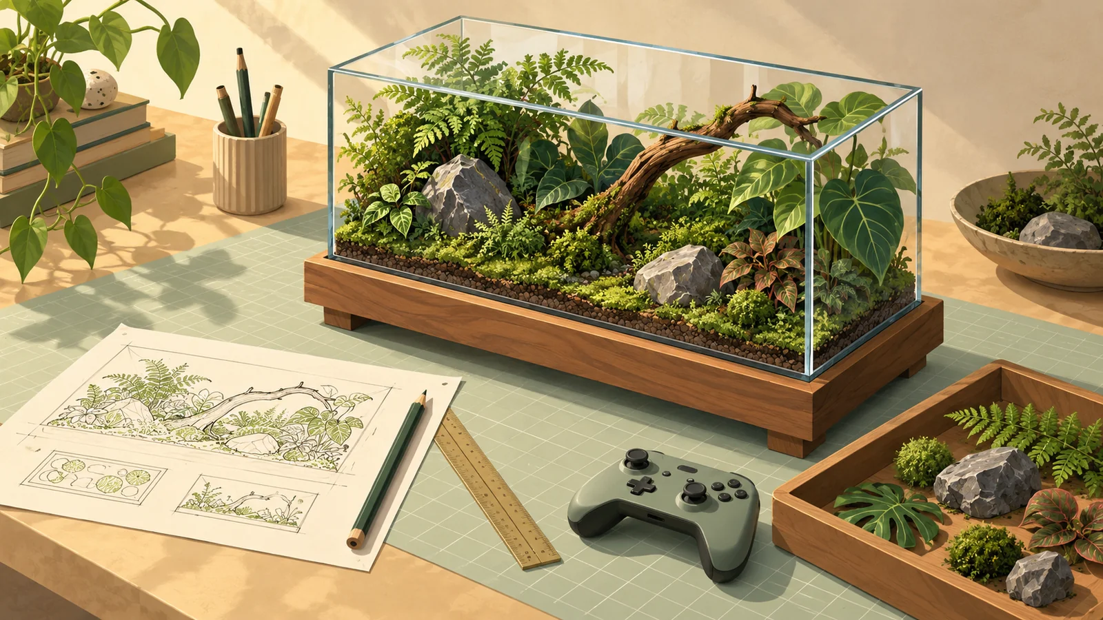 Illustrated planted glass terrarium on a planning grid beside a botanical sketch, ruler, pencil and game controller
