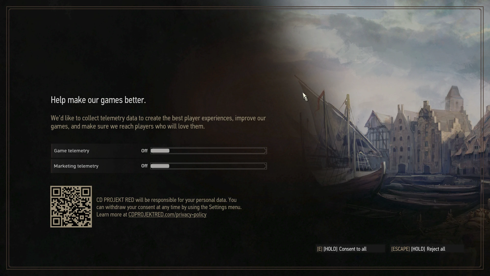 The Witcher 3 telemetry consent screen successfully rendered after the community workaround and local DLL build
