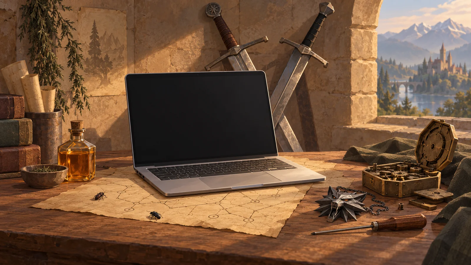 Fantasy workbench with a black-screen laptop, crossed swords, a wolf medallion and repair tools
